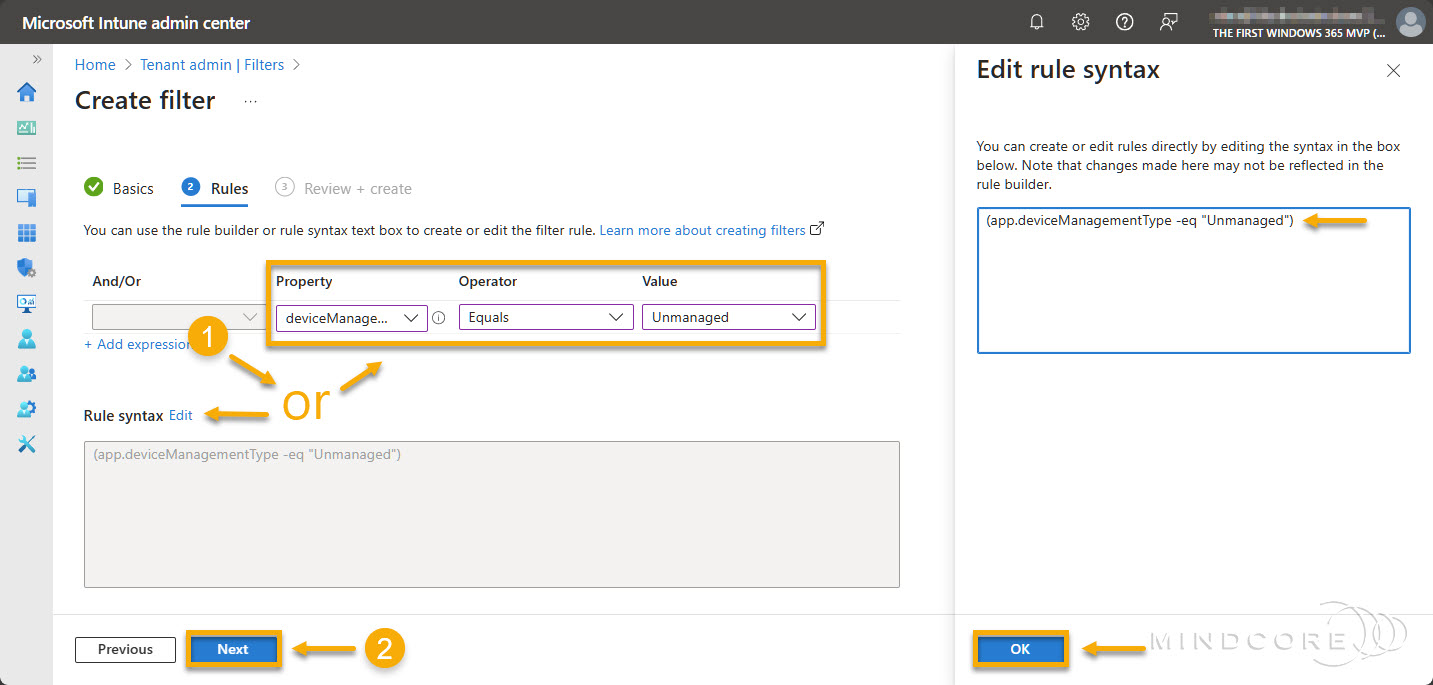 Managed app filter